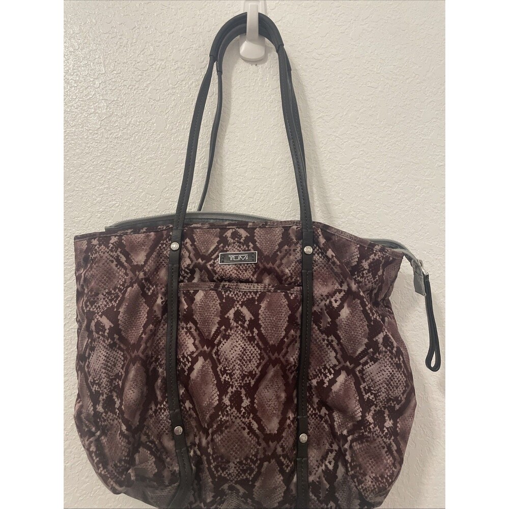 Tumi Tote Shoulder Handbag Nylon Snake Print Leather Handles Slouchy Bag Purse
